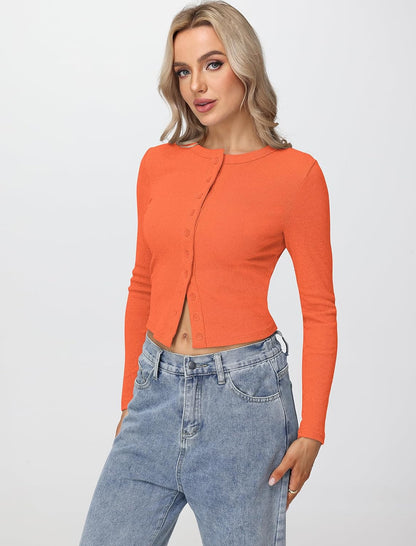 Womens Long Sleeve Tops Fall Lightweight Cardigan Cropped Going Out Shirts Ribbed Button Down Cute Trendy 2025
