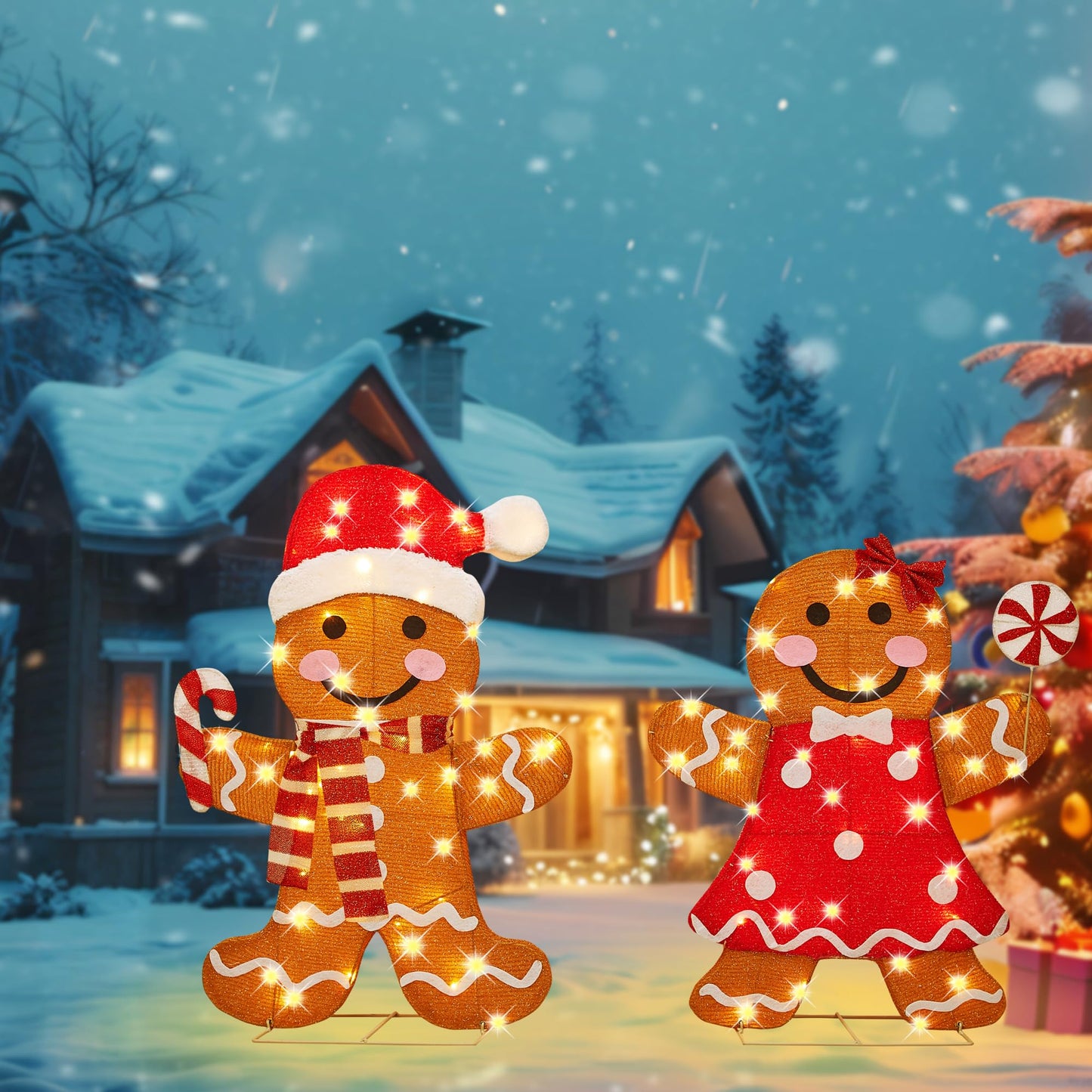 32 Inch 3D Lighted Gingerbread Man Decorations - 2-Piece Outdoor Christmas Decorations with 80 Warm White LEDs, Christmas Yard Decorations Display for Garden, Storefront, Patio