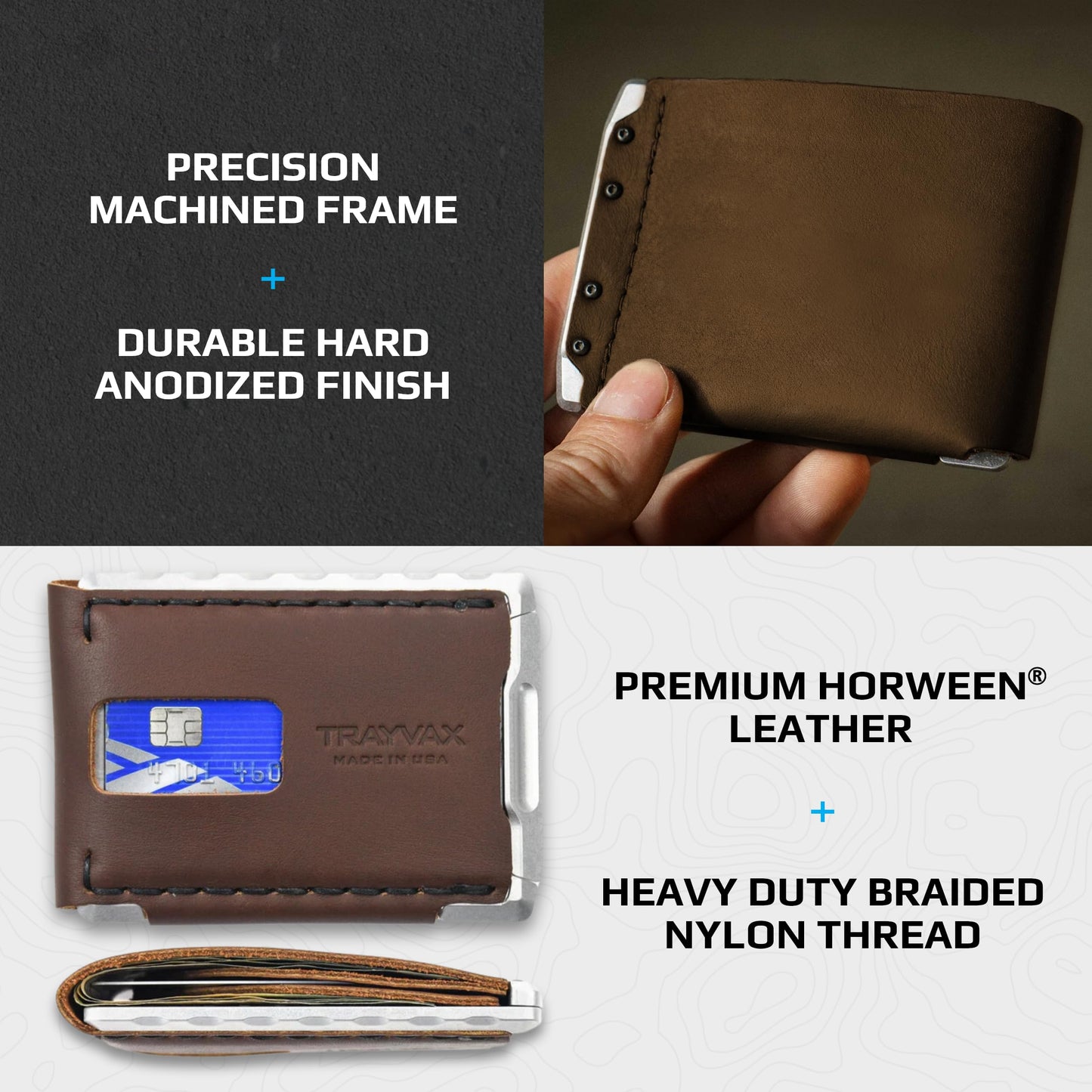 Trayvax Venture Billfold Wallet, Front Pocket Money and Credit Card Holder, Minimalist Slim Leather Metal Wallet for Men and Women, Frontier Brown Leather