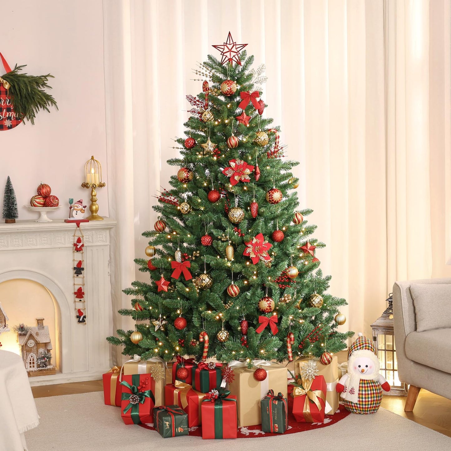 Alupssuc 128pcs Christmas Balls Ornaments Set, Shatterproof Plastic Baubles Christmas Flowers and Tree Topper for Xmas Tree Holiday Wedding Party Decorations with Hanging Strings, Red and Gold