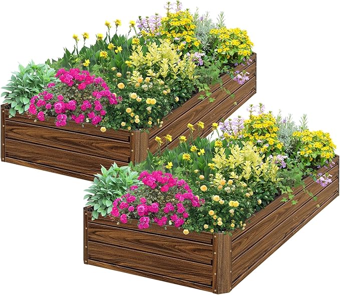 SnugNiture 2 Pcs 6x3x1FT Raised Garden Bed Galvanized Planter Garden Boxes Outdoor, Deep Root Planter Raised Bed for Vegetables Flowers Herbs,Brown