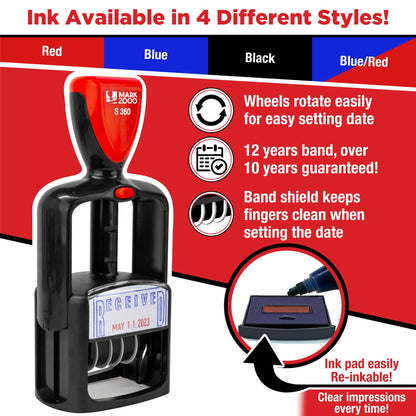 Mark 2000 Self-Inking Rubber Date Office Stamp with Received Phrase - Blue Ink & Date Red Ink - 12-Year Band