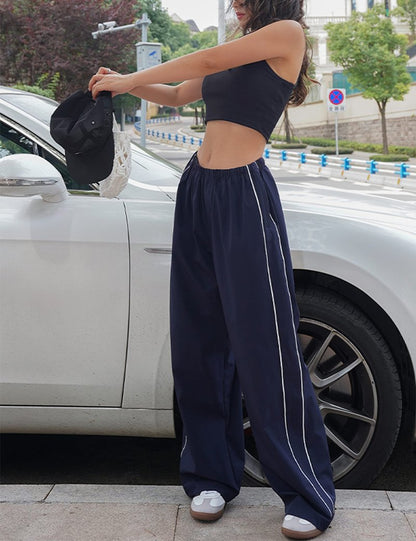 Springrain Womens Wide Leg Track Pants Slouchy Stripe Detail Jogger Sweatpants with Pockets(Navy-M)