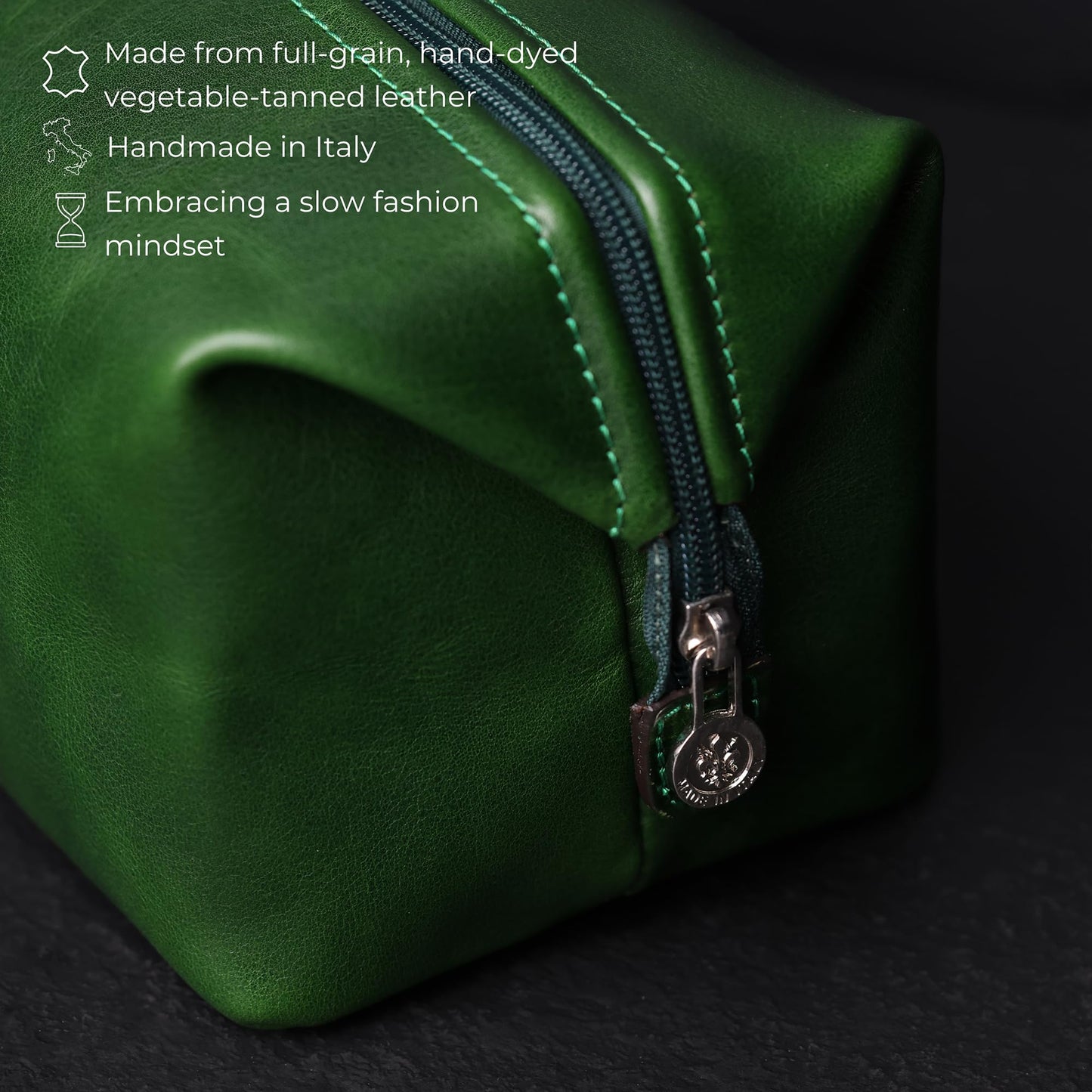 Time Resistance Leather Toiletry Bag - Italian Cosmetic Case Dopp Kit (Green)