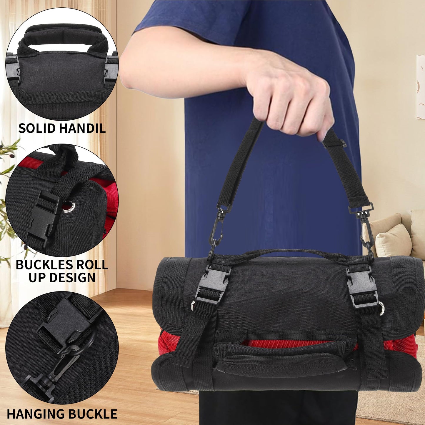 W WINTMING Tool Roll Bag, Tool Bag Organizer, Tool Carrier Roll UP Storage Pouches with 6 Zipper Pockets & Strap, Gifts for Men Mechanic Electrician Hobbyist (Red)