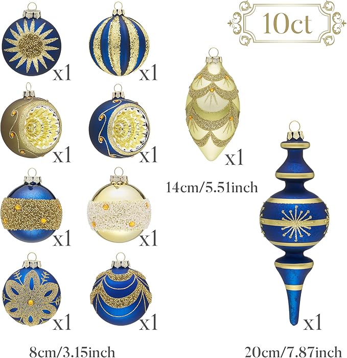 Valery Madelyn Glass Christmas Ornaments Set, 10ct Blue Gold Mercury Blown Glass Christmas Tree Ball Decorations, Luxury Hanging Teardrop Finial Faceted Reflector Decor