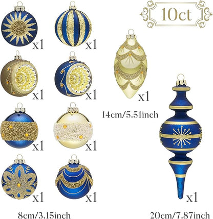 Valery Madelyn Glass Christmas Ornaments Set, 10ct Blue Gold Mercury Blown Glass Christmas Tree Ball Decorations, Luxury Hanging Teardrop Finial Faceted Reflector Decor