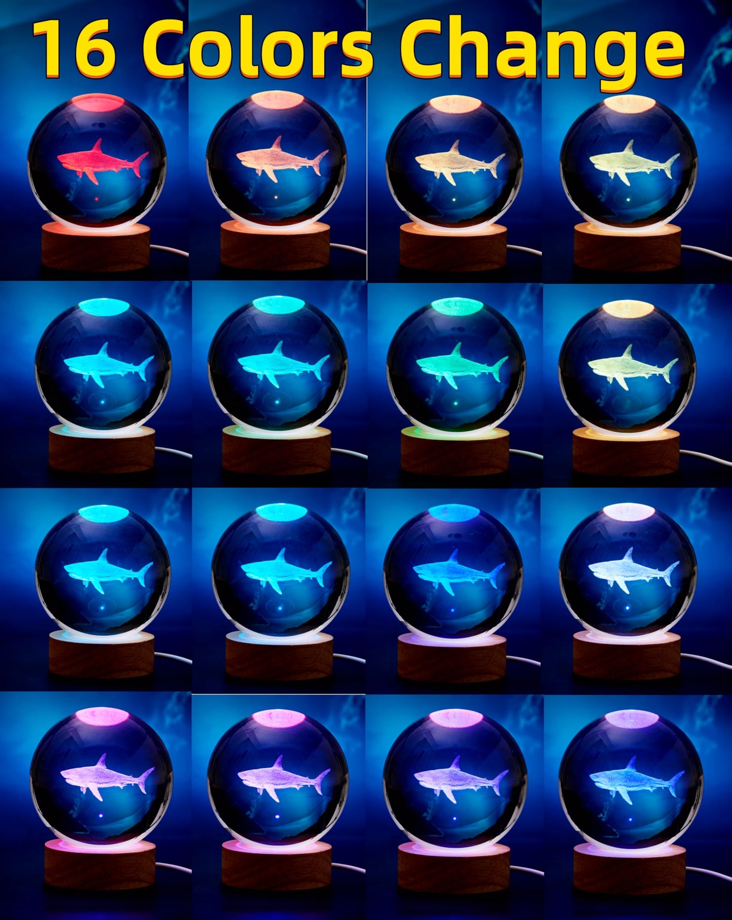 3D Crystal Ball Shark Lamp,Lifelike 3D LED Shark Night Light,16 Color Changing Light,Dimmable Remote Control