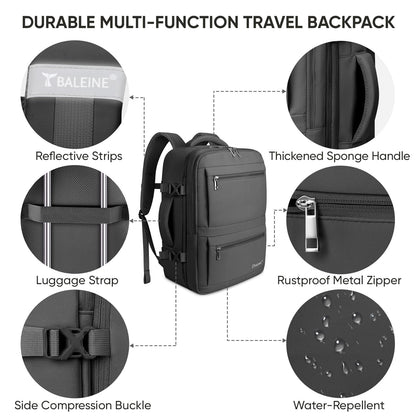 BALEINE Travel Backpack for Women Men, Large Sturdy Carry On Laptop Backpack Gifts for Business, Casual, Weekender, Hiking (Large, Black)