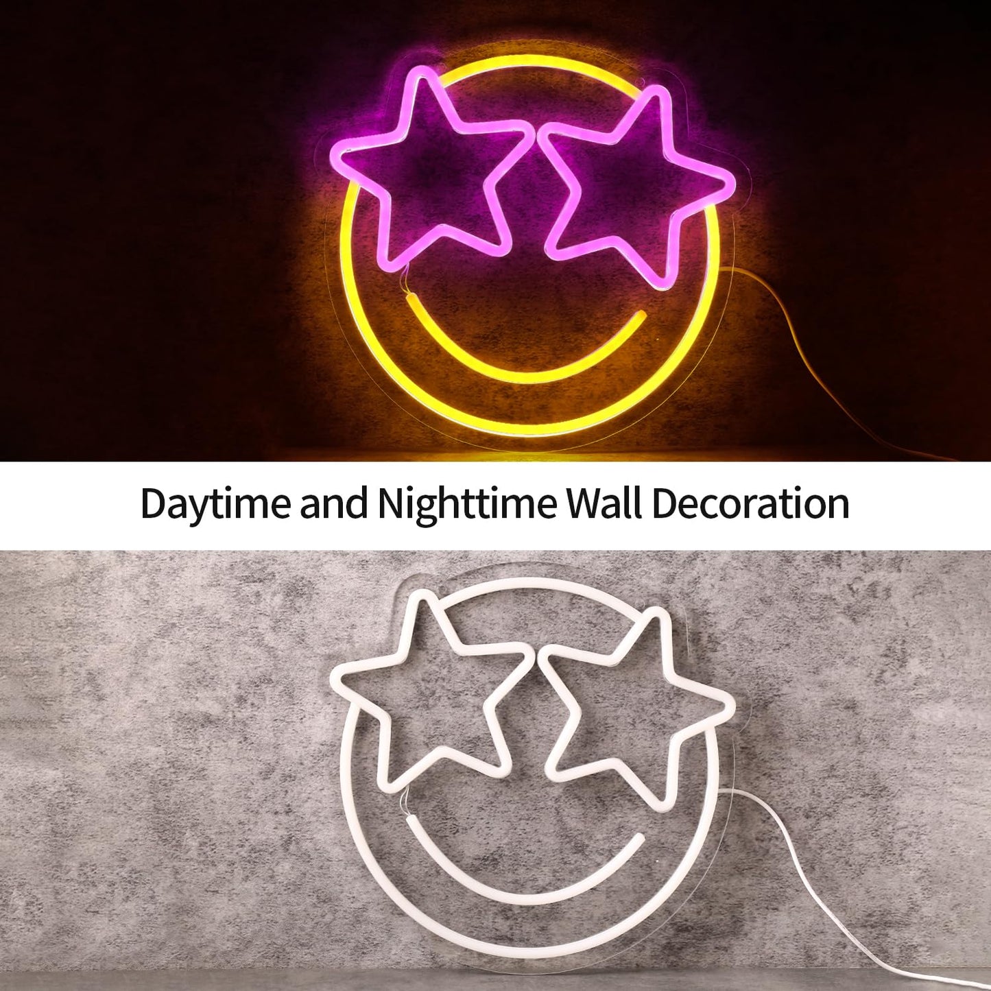 Wootfairy Led Lights Wall Decor: 12.2 * 11.41 in Dimmable Smiley Face Neon Sign for House Bedroom Game Room Classroom Bar Decoration - Yellow and Pink Light Up Signs Gifts for Wedding Birthday Party