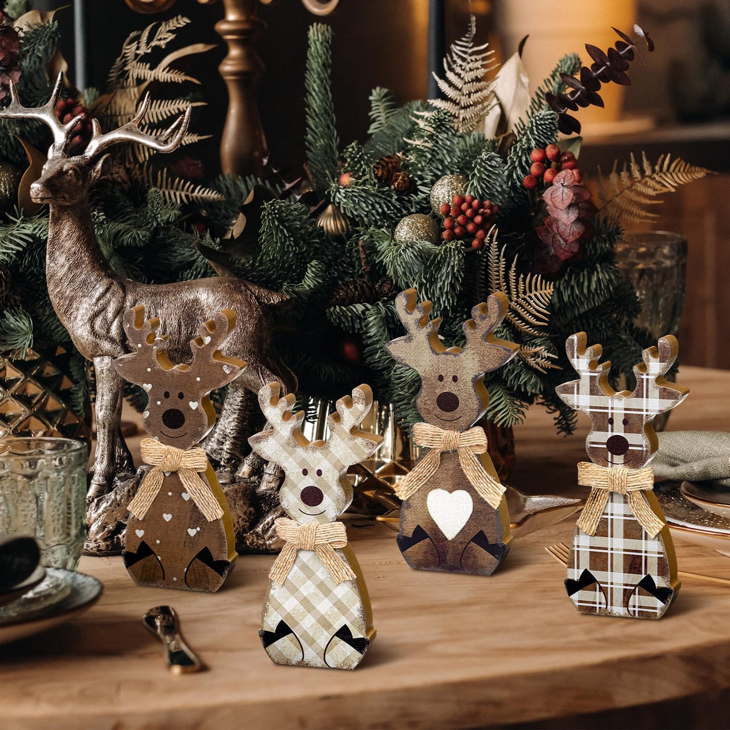 Yousoontic Neutral Wooden House Decor Rustic Farmhouse Spring Tiered Tray Decor Spring Mantel Decoration for Home Desk Shelf Table Centerpiece Decoration(6 Pcs,Reindeer)