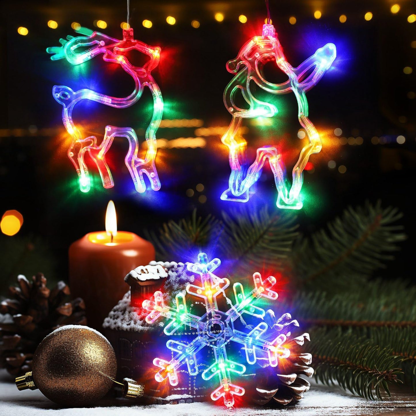 3Pcs Christmas Window Lights, Battery Powered Christmas Window Hanging Decorations Reindeer & Xmas Tree & Snowflake Shaped Indoor Lights with Suction Cup, Timer for Xmas New Year Home Decor