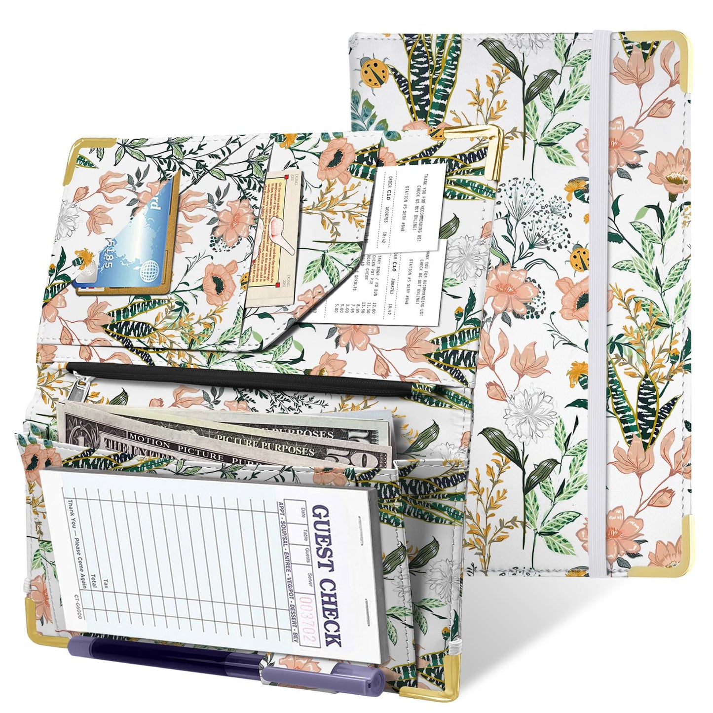 YeeCASE 2Pack Flower Server Book for Waitress with Money Pocket and Zipper Pouch, Fits Waitress Apron, Waitress Accessories, Receipt Holder with High Volume Pocket (Flower-Grass)