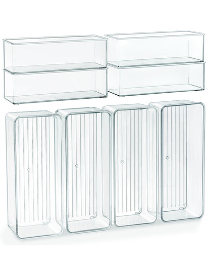 Qilinba 8 PACK Drawer Organizer Bins Bathroom Deep Drawer Organizer Tray for Cutlery Vanity Make-up, Clear Stackable Storage Bins for Kitchen Cabinet Closet Counter Organization and Storage