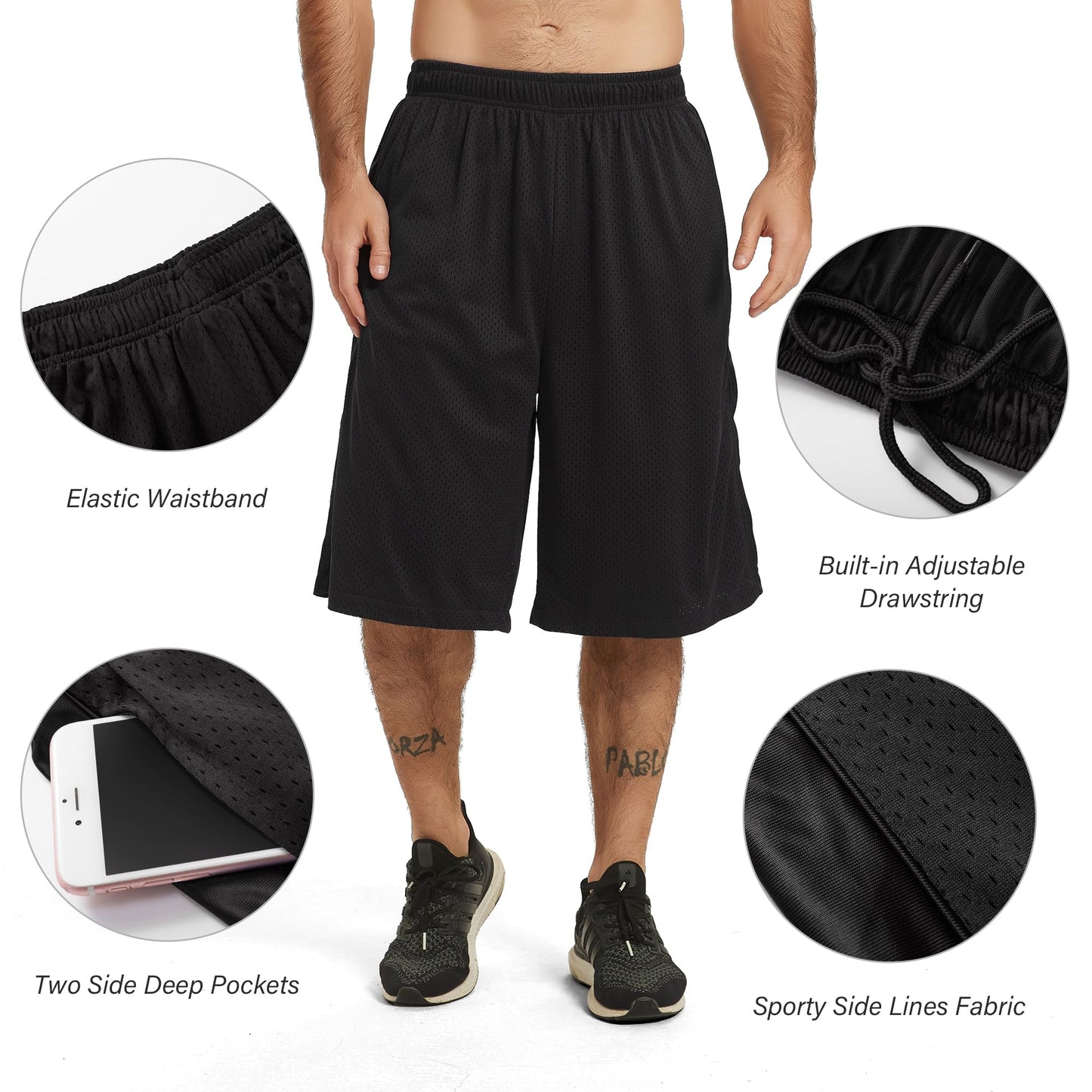 HQUEC Men's 12" Basketball Shorts Long Athletic Workout Gym Mesh Shorts Below Knee Loose-Fit with Pockets Black M