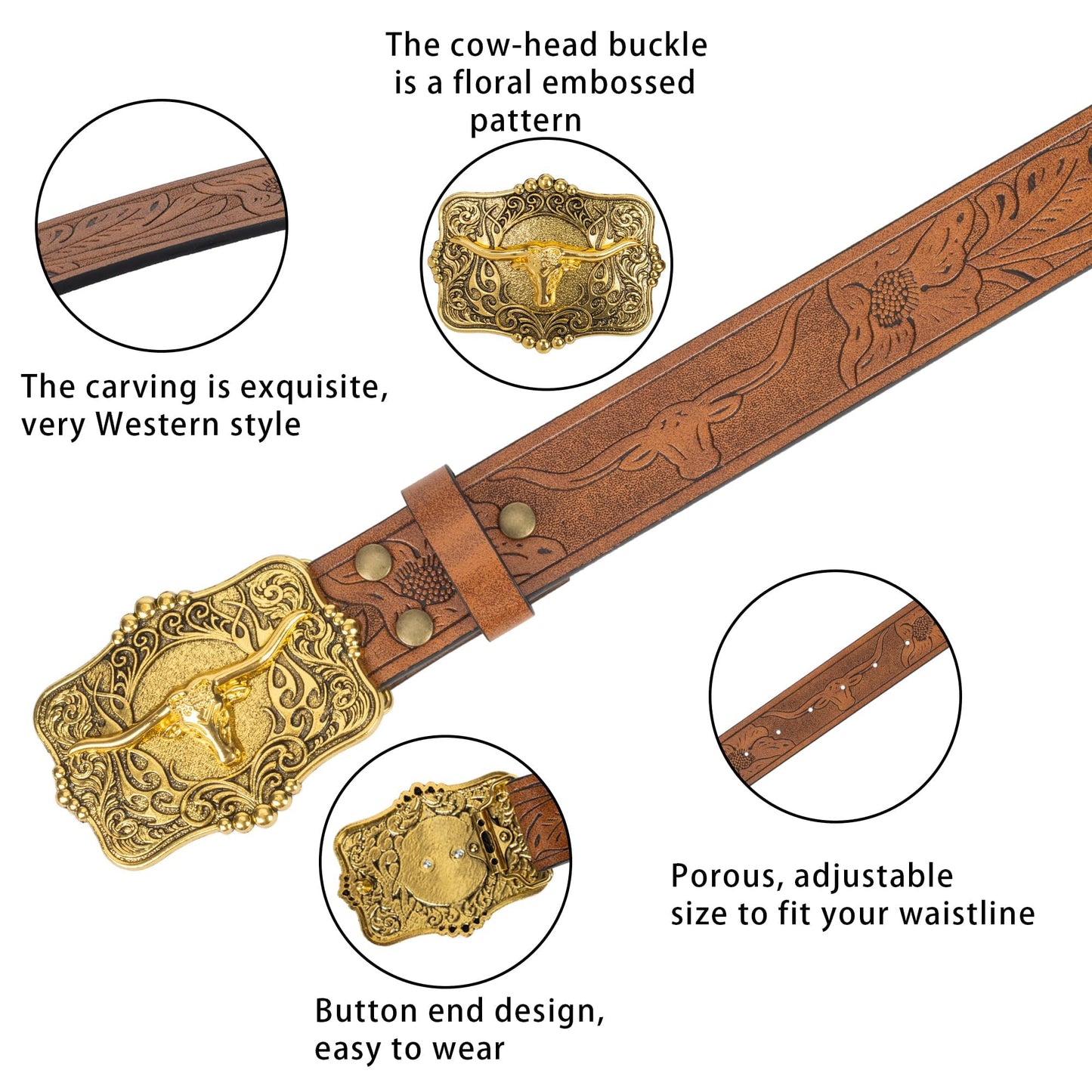 Voenkca Western Cowboy-Cowgirl Leather-Belts for Men - with Longhorn-Bull