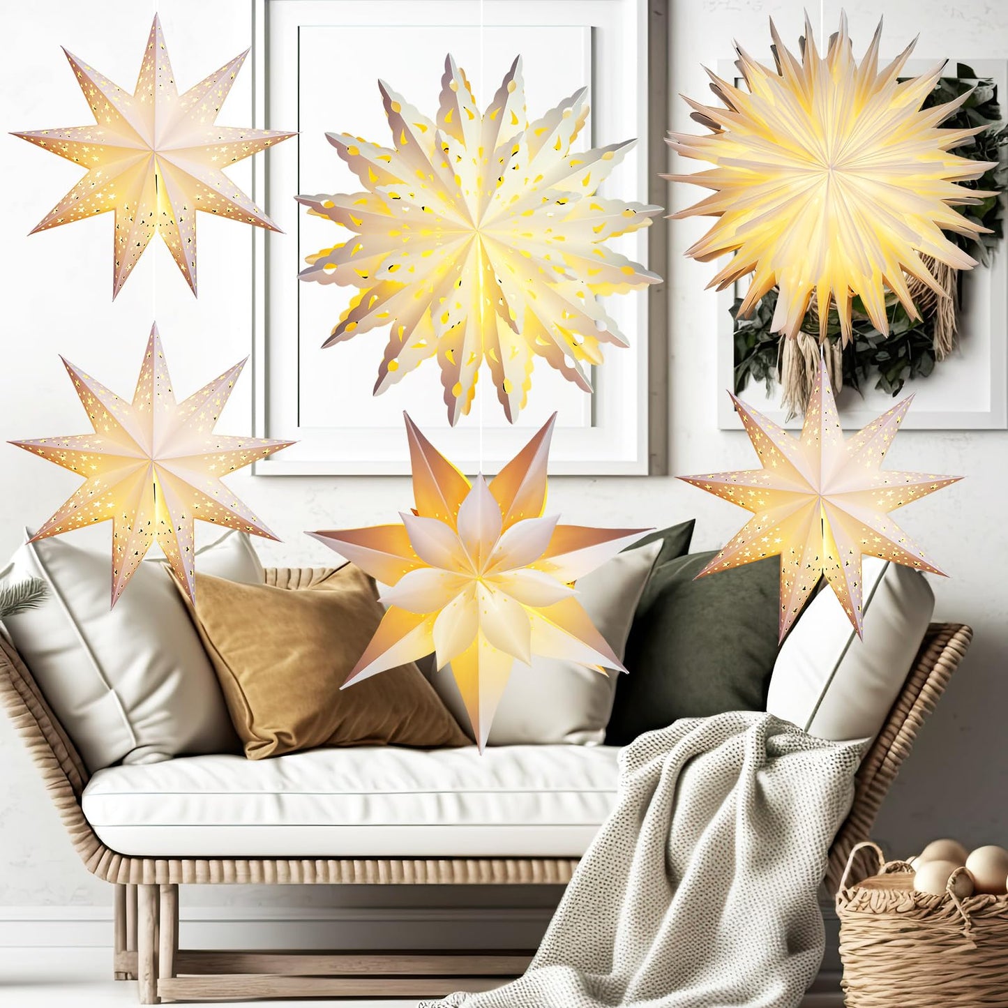 Watersay 6 Pack Winter Snowflake Paper Lantern Star Paper Lanterns with 6 LED Light White Hanging Lamp Ornaments for Christmas Winter Weddings Birthday Holiday Party Decoration(Classic Style)