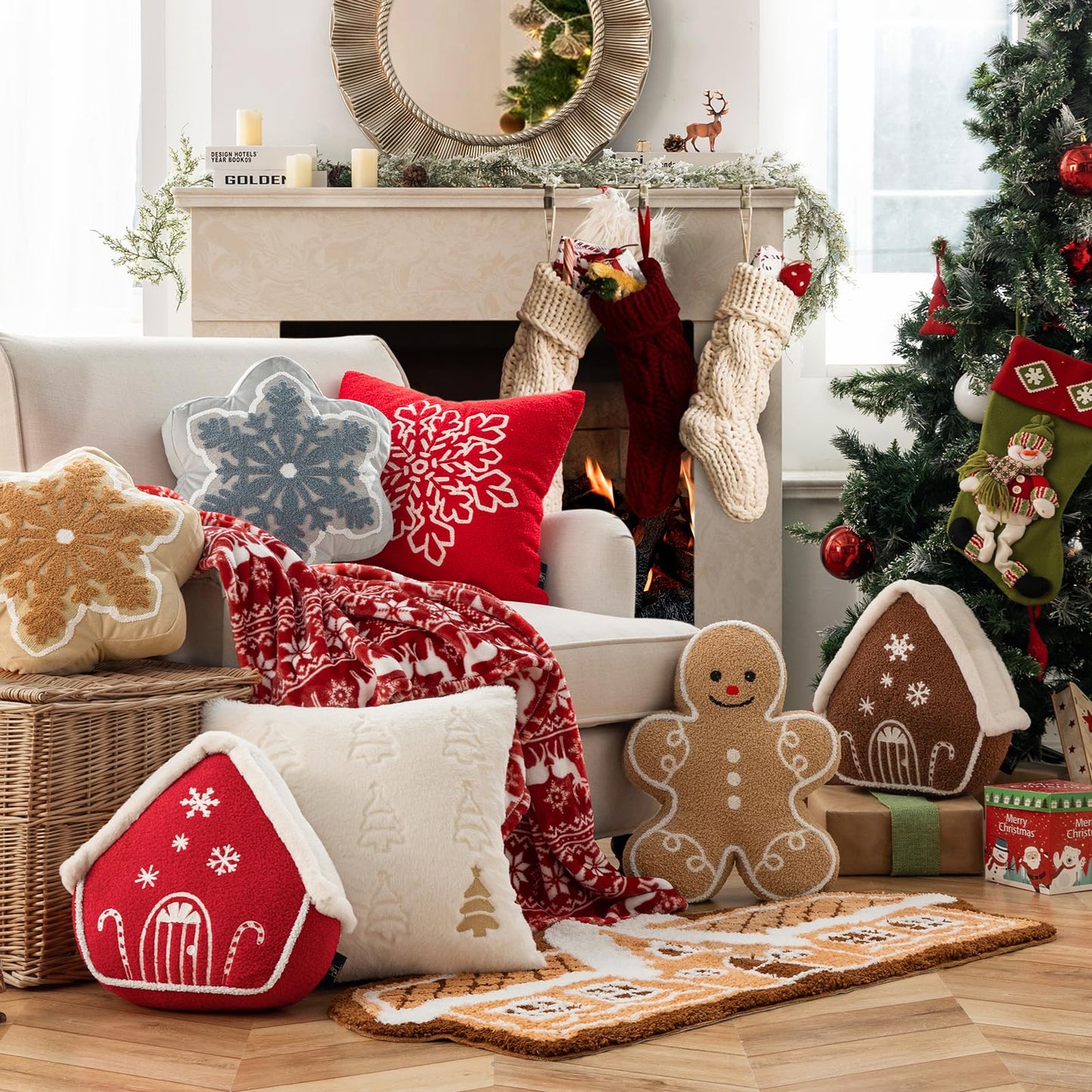 Phantoscope Gingerbread House Merry Christmas Throw Pillow, Plush Faux Rabbit Fur Roof Embroidered Teddy Gingerbread House Shaped Pillows Xmas Decorative Cushion Pillows, Coffee, 12 x 13 inches