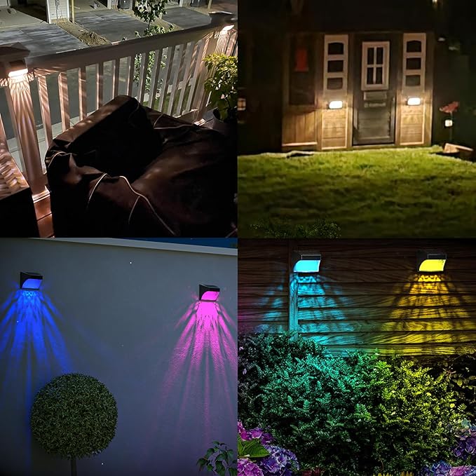 Solar Powered Fence Deck Lights Outdoor Waterproof Led IP65 RGB Color Changing/Warm White Auto On/Off Solar Step Lights for Outside Stair Garden Yard Wall Patio (6 Pack, Black)