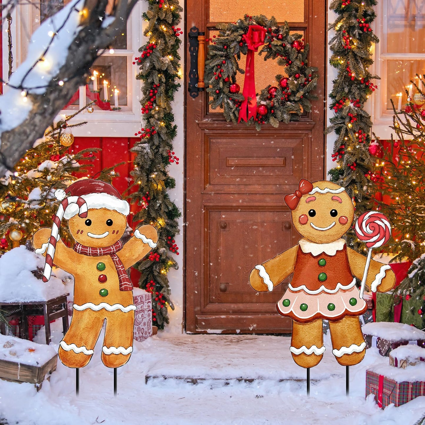 Christmas Decorations Outdoor, 2Pcs Gingerbread Man Metal Yard Signs with Stakes, Xmas Winter Signs for Garden House Lawn Pathway Patio Outside