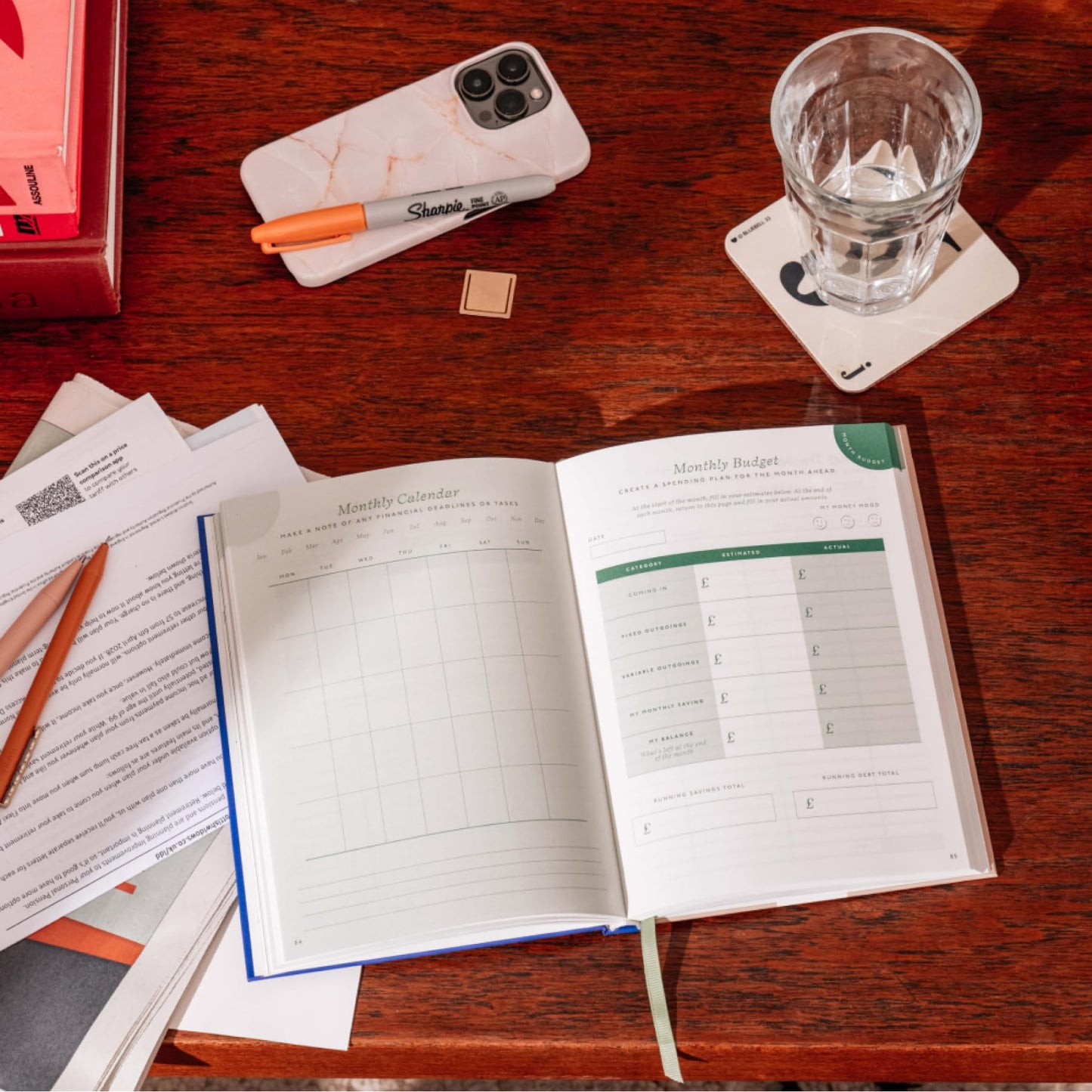 Papier Shine Finance Planner - Olive Hardback | Track Expenses, Savings, Outgoings | Undated | Includes Money Tracker, Daily & Monthly Calendar, & Monthly Budget Section | Budgeting Gift For Students