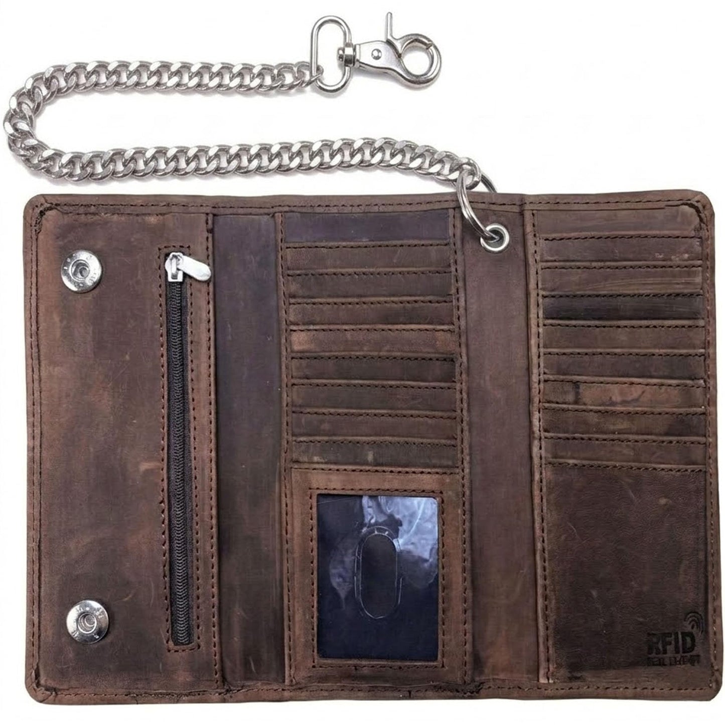 Motorcycle Chain Wallet for Men – Premium Cowhide Leather, RFID Tri-Fold Biker Wallet with Heavy Duty Chain for Bikers Truckers & Hunters, Credit Card Money Organizer Long Wallet Crazy Horse Brown