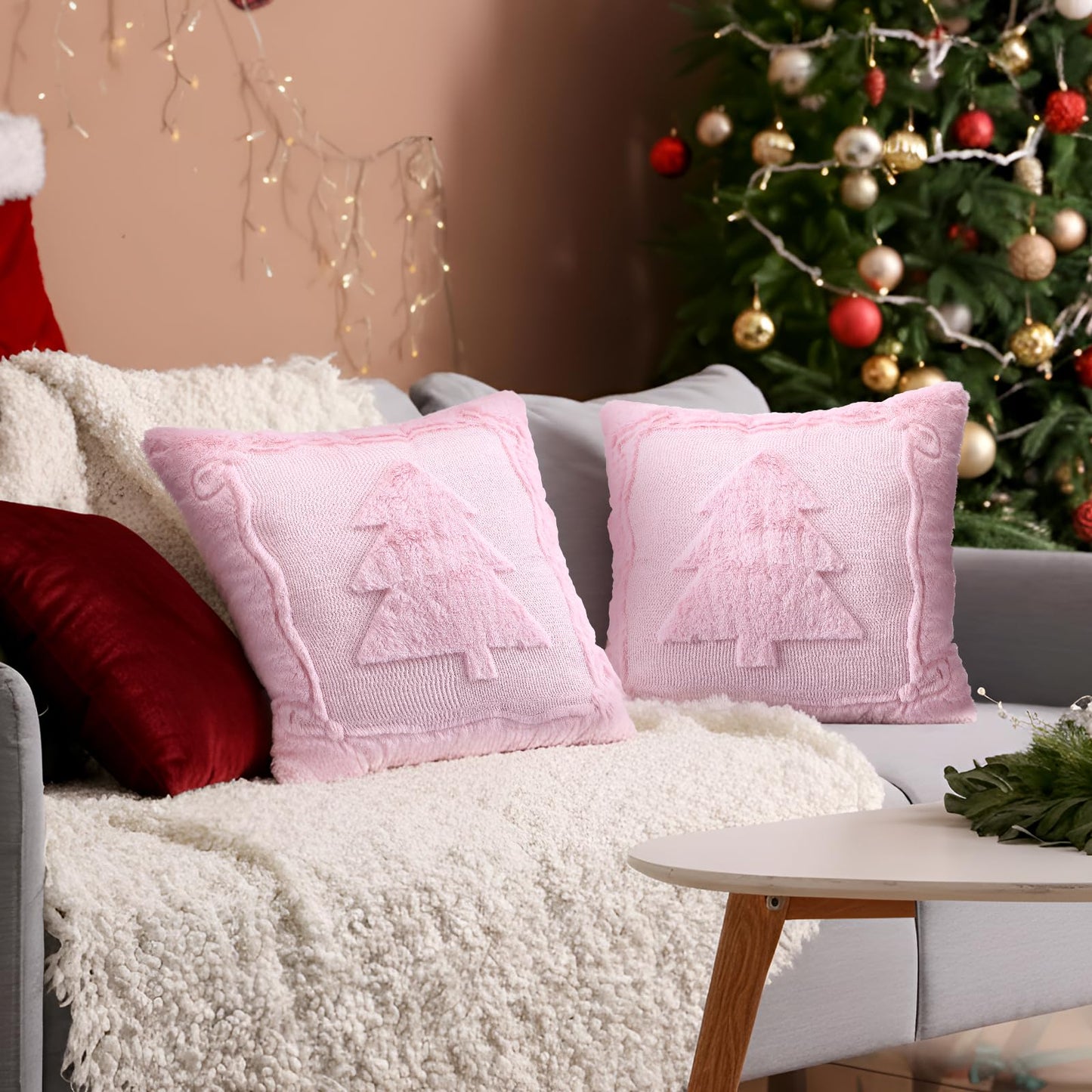 Remagr 2 Pack Christmas Tree Pink Pillow Covers 18 x 18 Inch Pink Bow Throw Pillow Covers Soft Plush Faux Fur Cushion Case for Christmas Bedroom Sofa Winter Home Holiday Decor