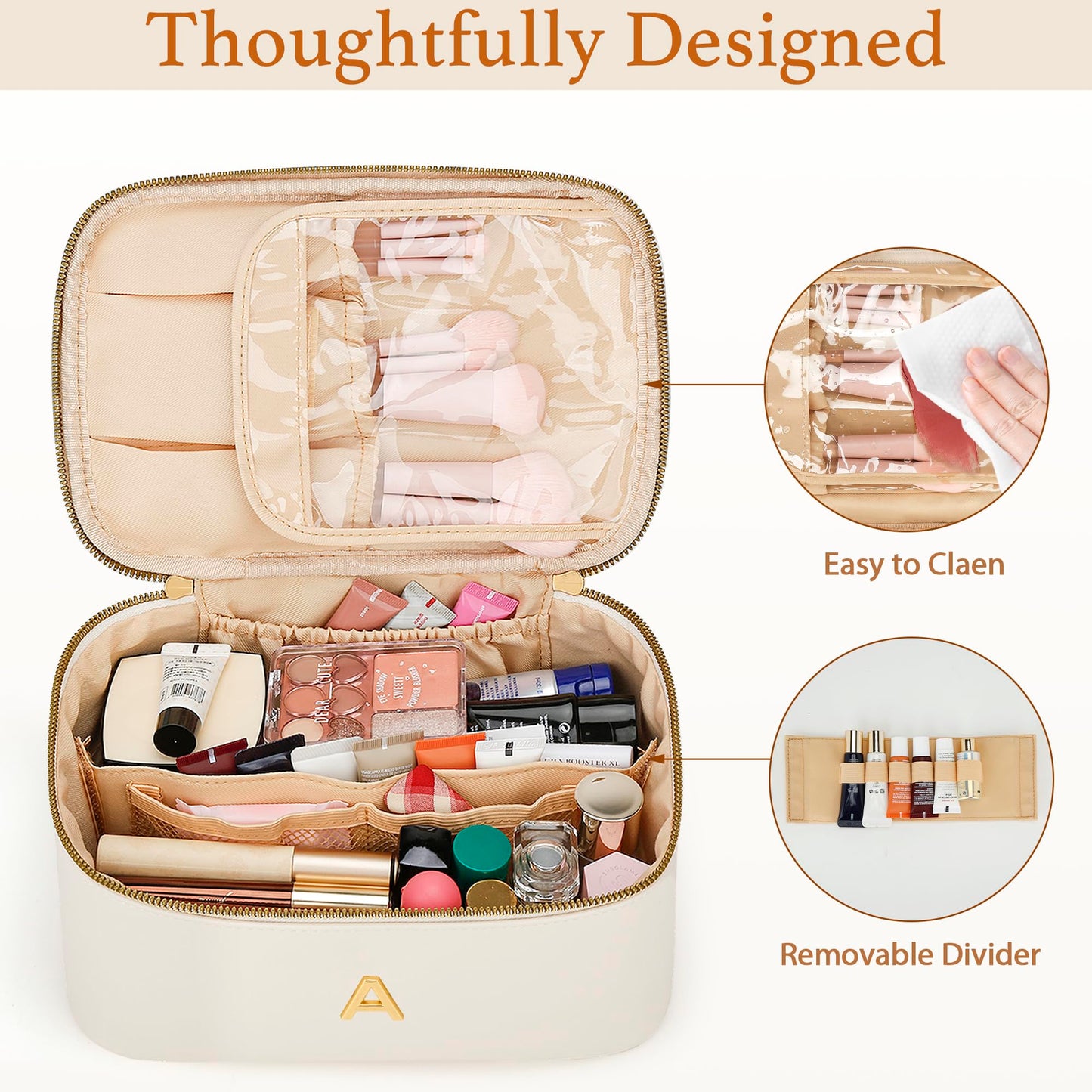 CLOUDWINGS Personalized Initial Makeup Bag Gifts for Women, Large Travel Cosmetic Organizer with Handle & Divider, PU Leather Toiletry Bag for Girls, Birthday Bridesmaid Gift Set - Beige - A