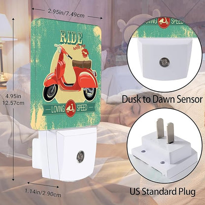 Hipster Vintage with Red Retro Bike Night Light, Dusk to Dawn Smart Sensor Nightlight for Bedroom Bathroom Kitchen Hallway Stairs Hallway, Plug-in, Energy Efficient Decor Desk Lamp Gifts
