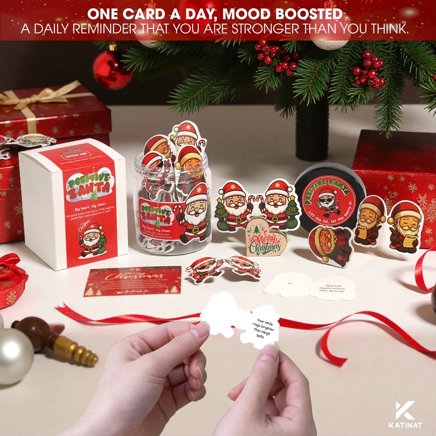 Positive Santa Jar – 60 Funny Emotional Support Christmas Affirmation Cards, Stocking Stuffer, Cute Desk Home Decor for Women, Men, Teens, Teachers & Coworkers
