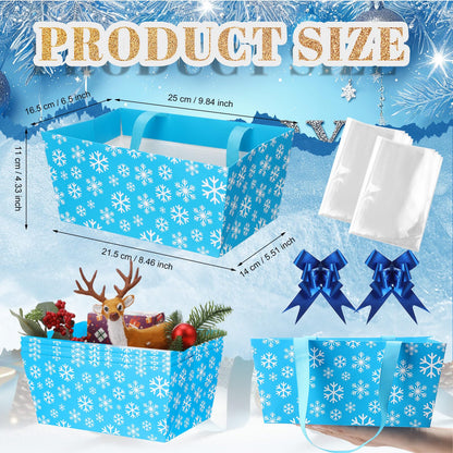 Moinchore 12 Pcs Winter Basket for Gifts Empty 9.8x6.5'' Blue Snowflake Market Tray Cardboard Basket with Bows, Plastic Bags, Twist Ties, Empty to Fill for Holiday Birthday Christmas Party Favor