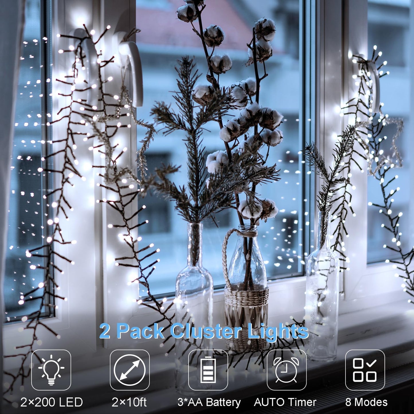 BSGlobal Battery Cluster String Lights 2 Pack Total 20Ft 400 LED String Lights with Timer 8 Modes Firecracker Christmas Lights Outdoor Waterproof for Tree Home Decor (Cool White)