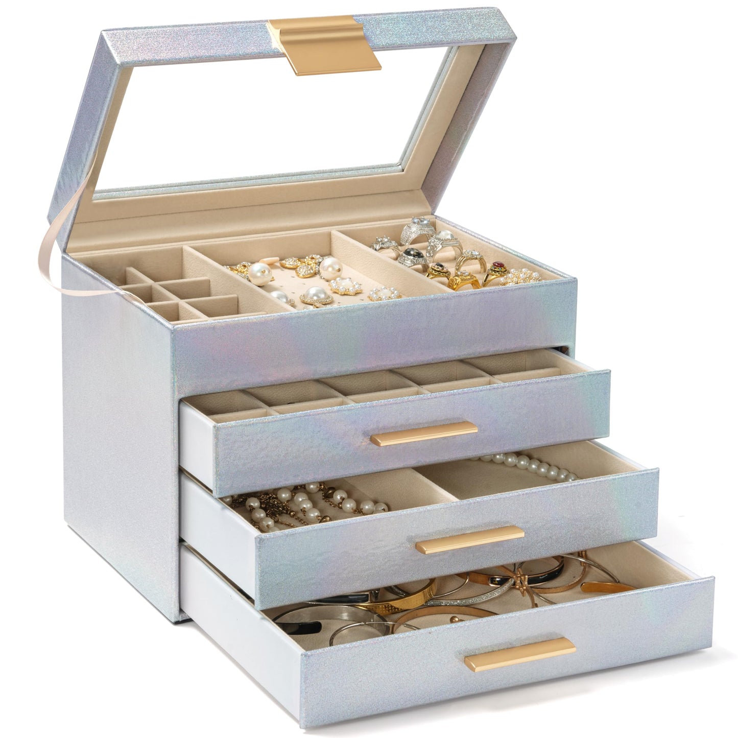 AKOZLIN 4-Tier Jewelry Box with Clear Glass Lid Functional Leather Jewelry Storage Organizer Case 3 Drawers for Women Girls Necklace Ring Bracelet Earring