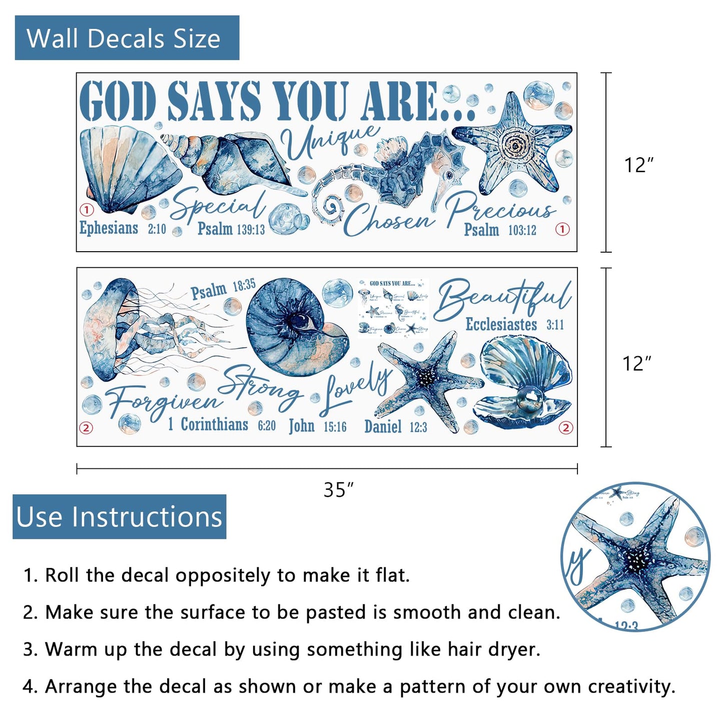Yovkky Religious God Says You are Inspirational Wall Decals Stickers, Marine Animal Sea Shell Starfish Seahorse Jellyfish Home Bedroom Decor, Coastal Beach Ocean Living Room Kitchen Decorations Art