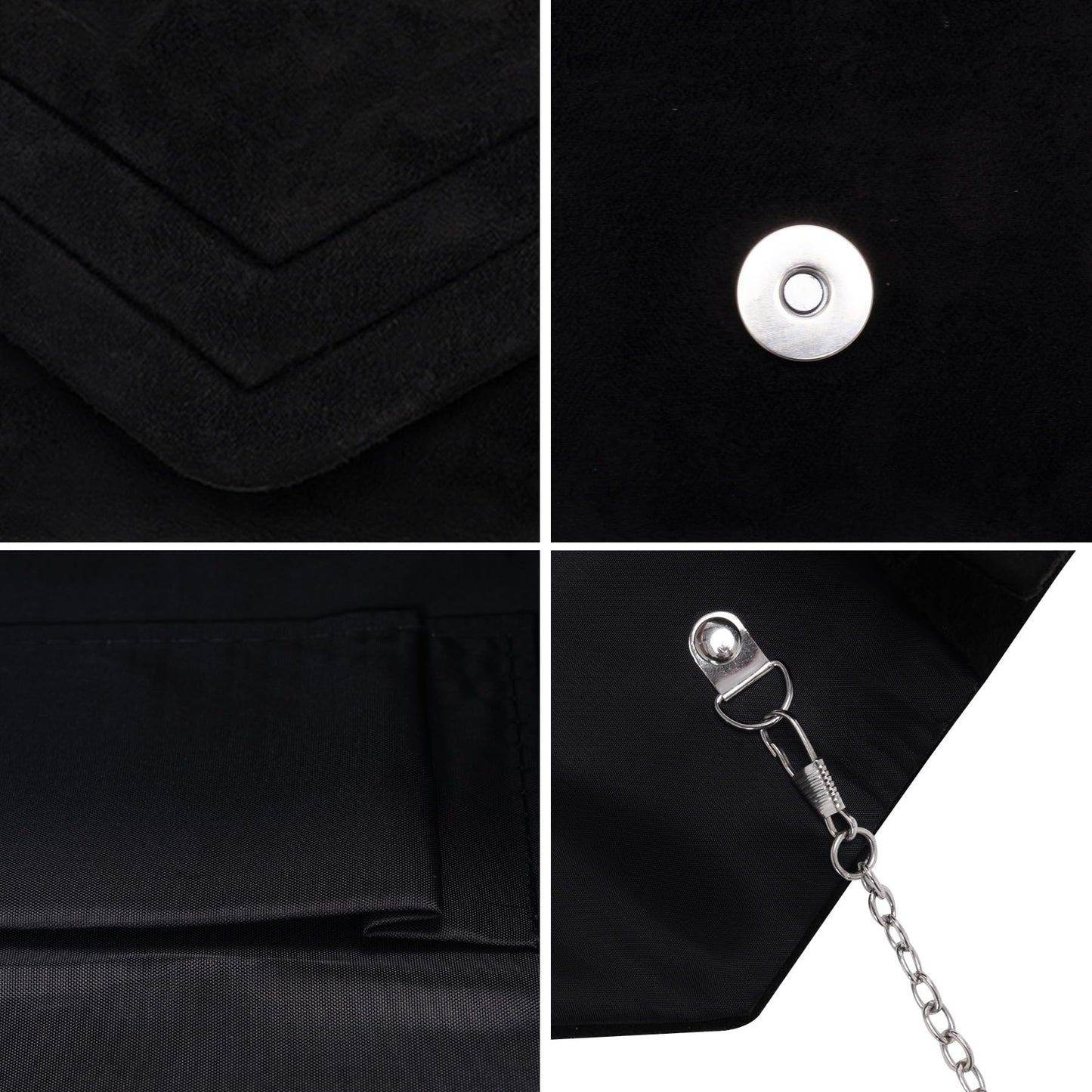 Larcenciel Elegant Black Suede Envelope Clutch Purse for Women, Soft Velvet Pleated Evening Bag with Detachable Chain Strap, Ladies Party Handbag for Formal Events, Wedding, Cocktail, Prom, Date Night