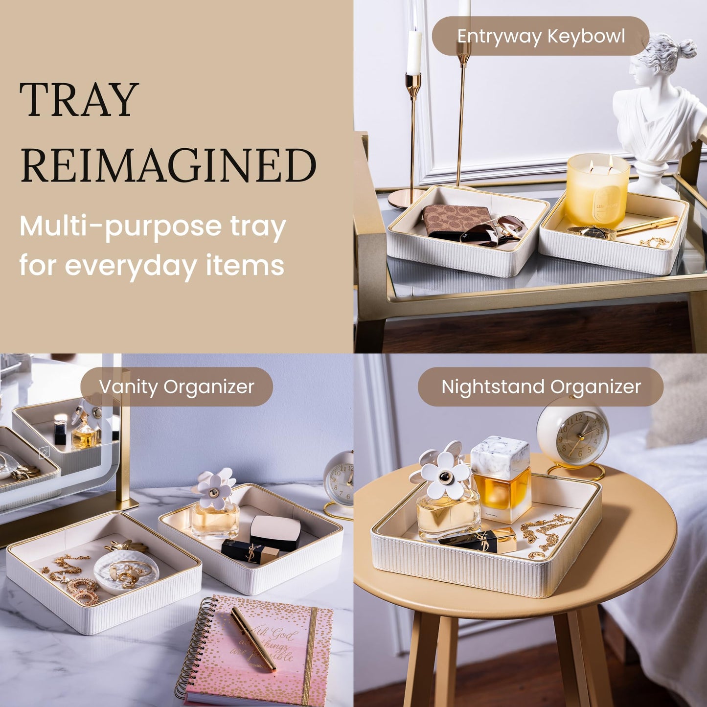 2 Pack White Catch All Trays for Jewelry| Small Leather Valet Tray| Key Bowl for Entryway Table EDC Trinket Tray Catch All| Perfume Trays for Dresser Organizer Perfume Holder (Set of 2)