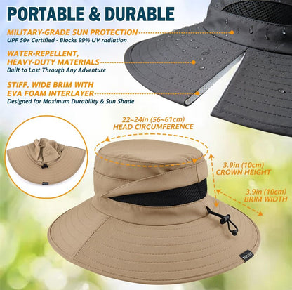 Men's UPF 50+ Waterproof Wide Brim Boonie Hat, Sun & Rain Protection