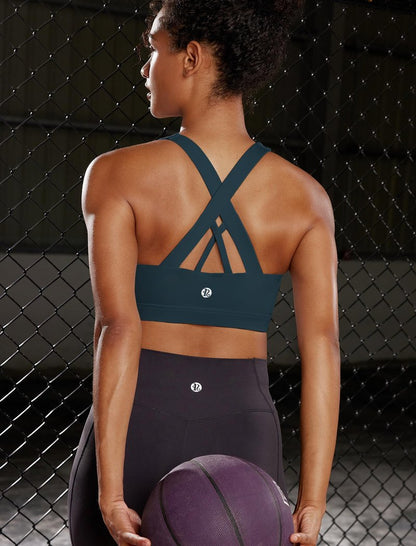 RUNNING GIRL White Sports Bra for Women, Criss-Cross Back Padded Strappy Sports Bras High Support Yoga Bra with Removable Cups(2353_Dark Blue_S)