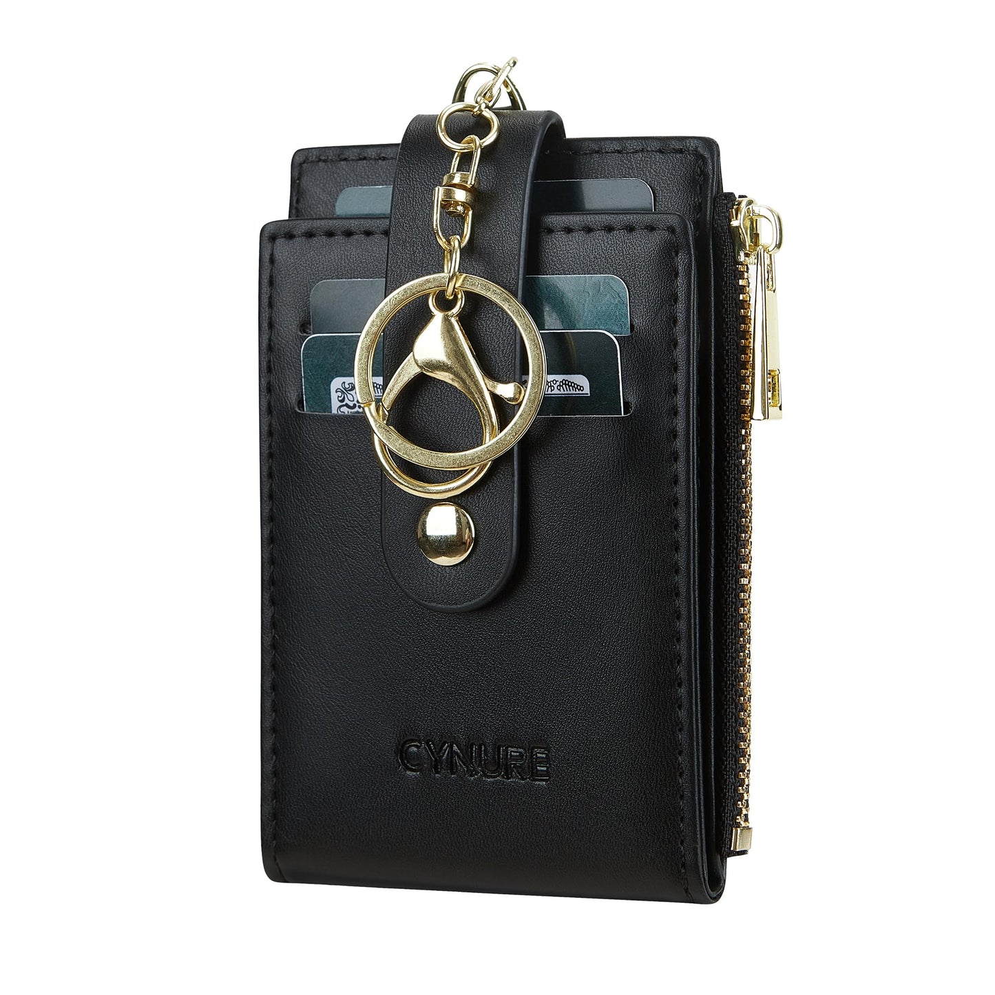 Cynure Women Leather RFID Blocking Card Holder Slim Small Zipper Keychain Front Pocket Wallet with 2 ID Window, 1-plain black
