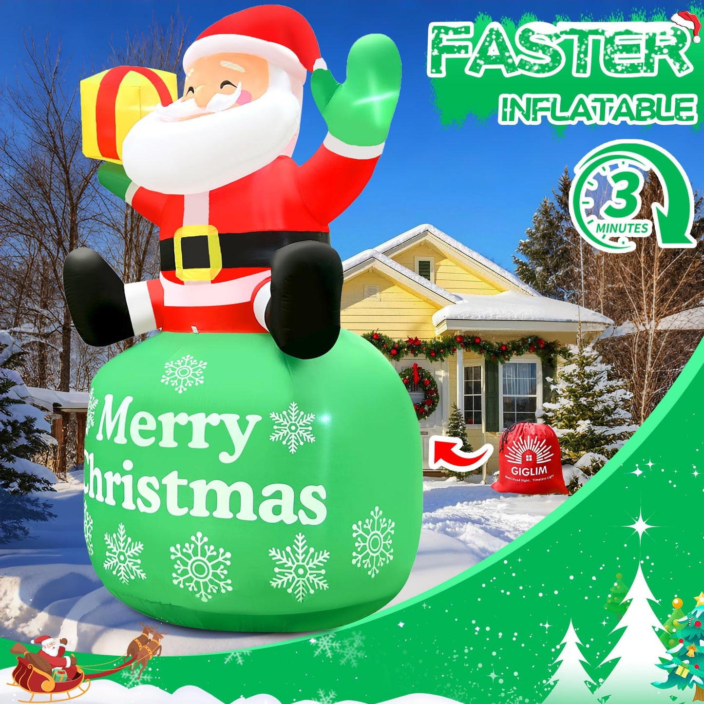 GIGLIM 8FT Christmas Inflatable Santa 8FT Sitting Santa Claus Christmas Inflatables Outdoor Decorations Xmas Santa Blow Up Yard Decor with Built-in 5 LEDs for Yard Garden Lawn(with Storage Bag)