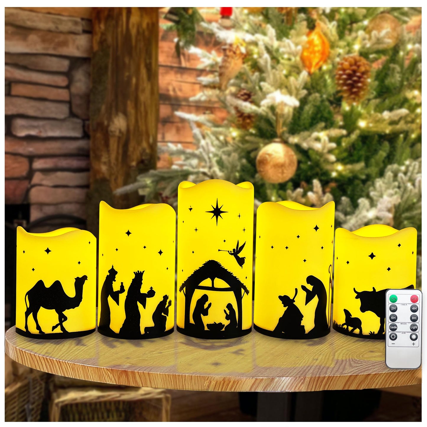QVAIVE Flameless Christmas Nativity Scene Candles, Pillar Flickering Religion Candle with Timer Remote,Battery Operated LED Fake Candle for Xmas Home Holiday Decor Set of 5