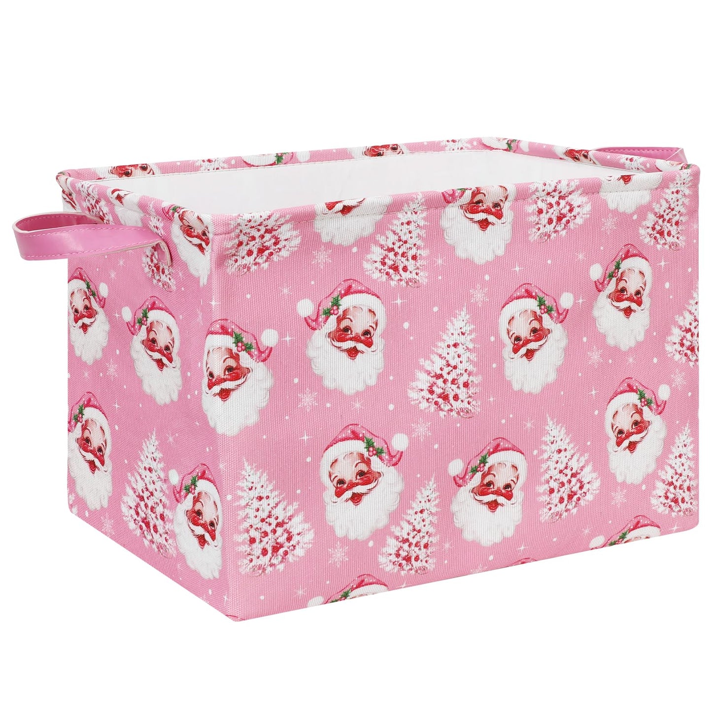 FYSUIMU 2Pcs Pink Christmas Storage Basket Collapsible Canvas Organizer Cute Xmas Tree Santa Fabric Storage Bin with Handles for Shelf Closet Holiday Home Organizer Decor