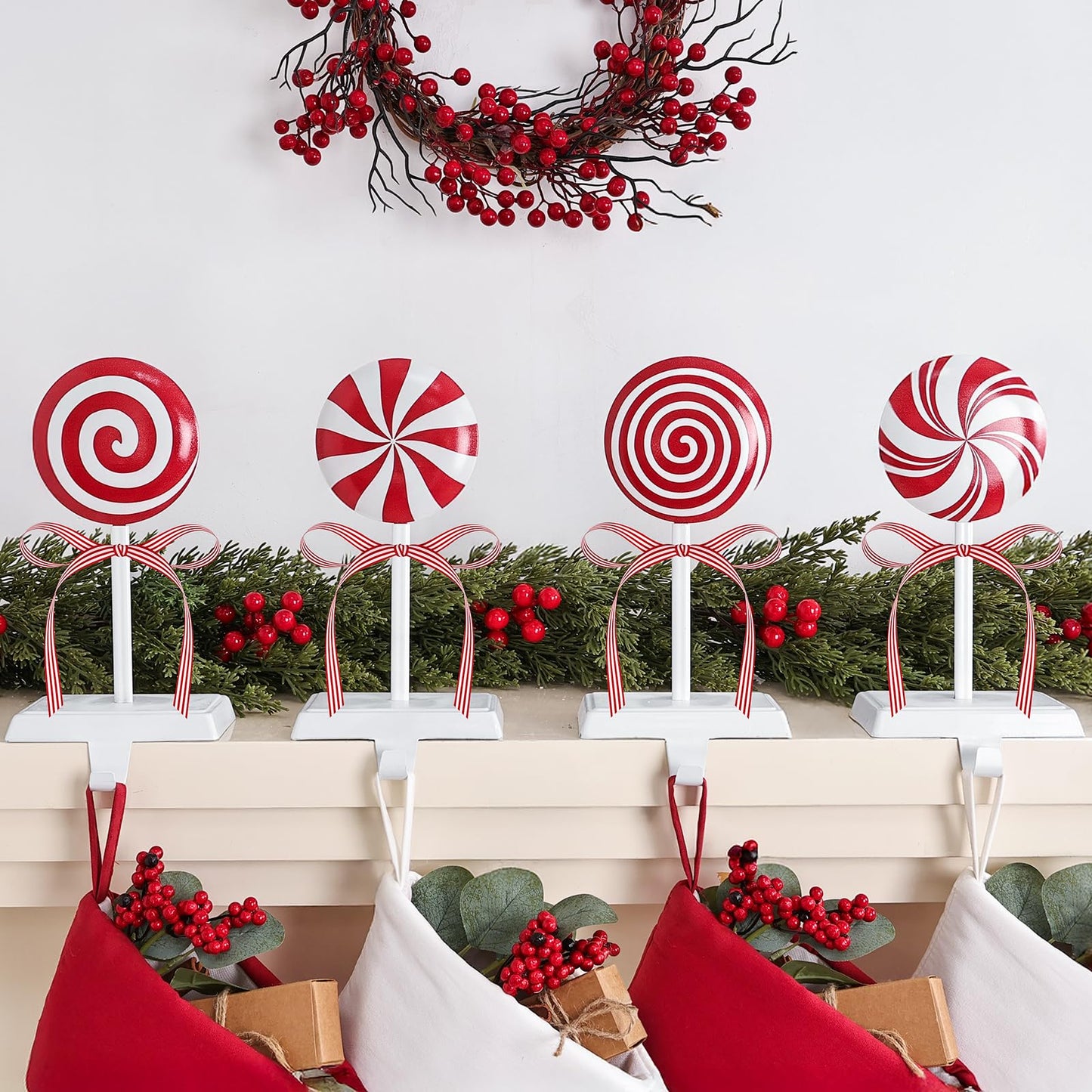 Pawliss Christmas Stocking Holders for Mantle: Red White Peppermint Candy Stocking Holder Stand Set of 4, Metal Stocking Hangers Decorative Hooks for Xmas Home Decor, Fireplace Window Accessories