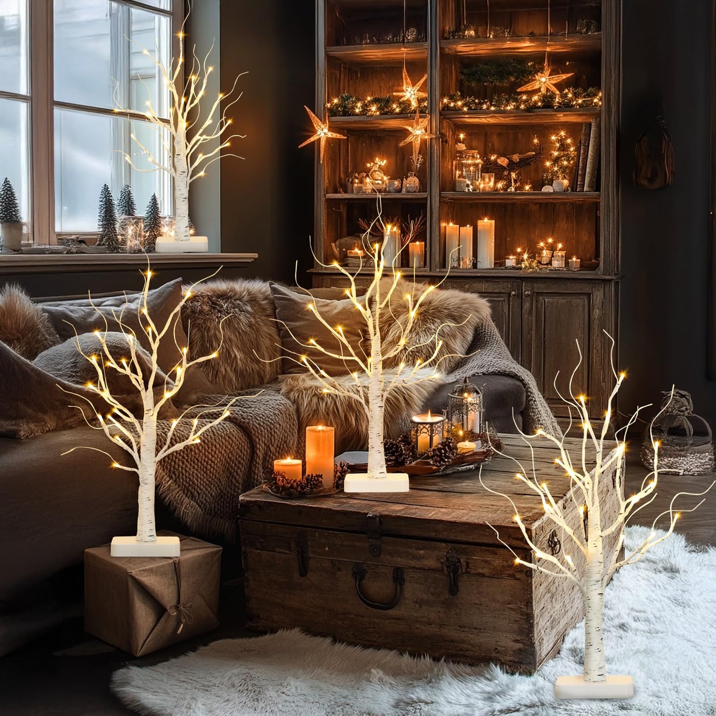 PABIPABI Lighted Birch Tree, Christmas Tree with 24 LED Lights, Tabletop Centerpiece Artificial Tree Lights with Timer for Home Office Bedroom Wedding - Set of 4