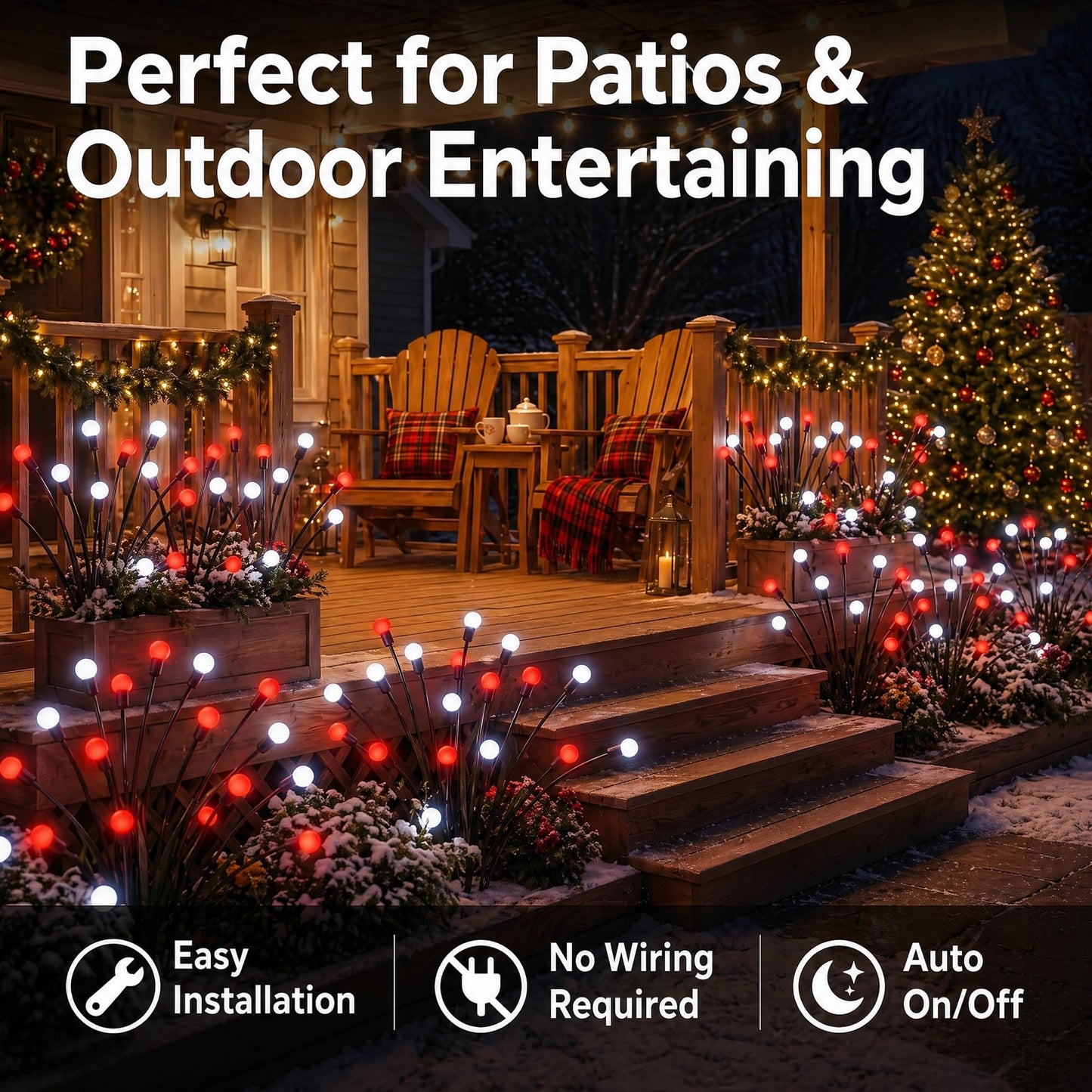 Sukesou Solar Christmas Firefly Lights, 2 Pack 6LED Red & White Solar Garden Stake Lights, IP65 Waterproof Auto On/Off Solar Powered Pathway Lights for Yard Patio Christmas Outdoor Decor