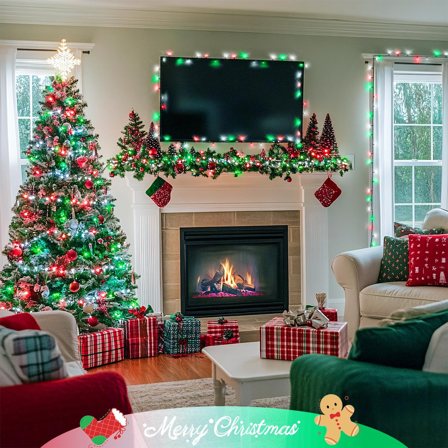 JMEXSUSS 400 LED Red White and Green Christmas Lights, 132ft Christmas Tree Lights with Remote, Outdoor Indoor String Light Plug in for Tree Patio House Yard Bush Decor