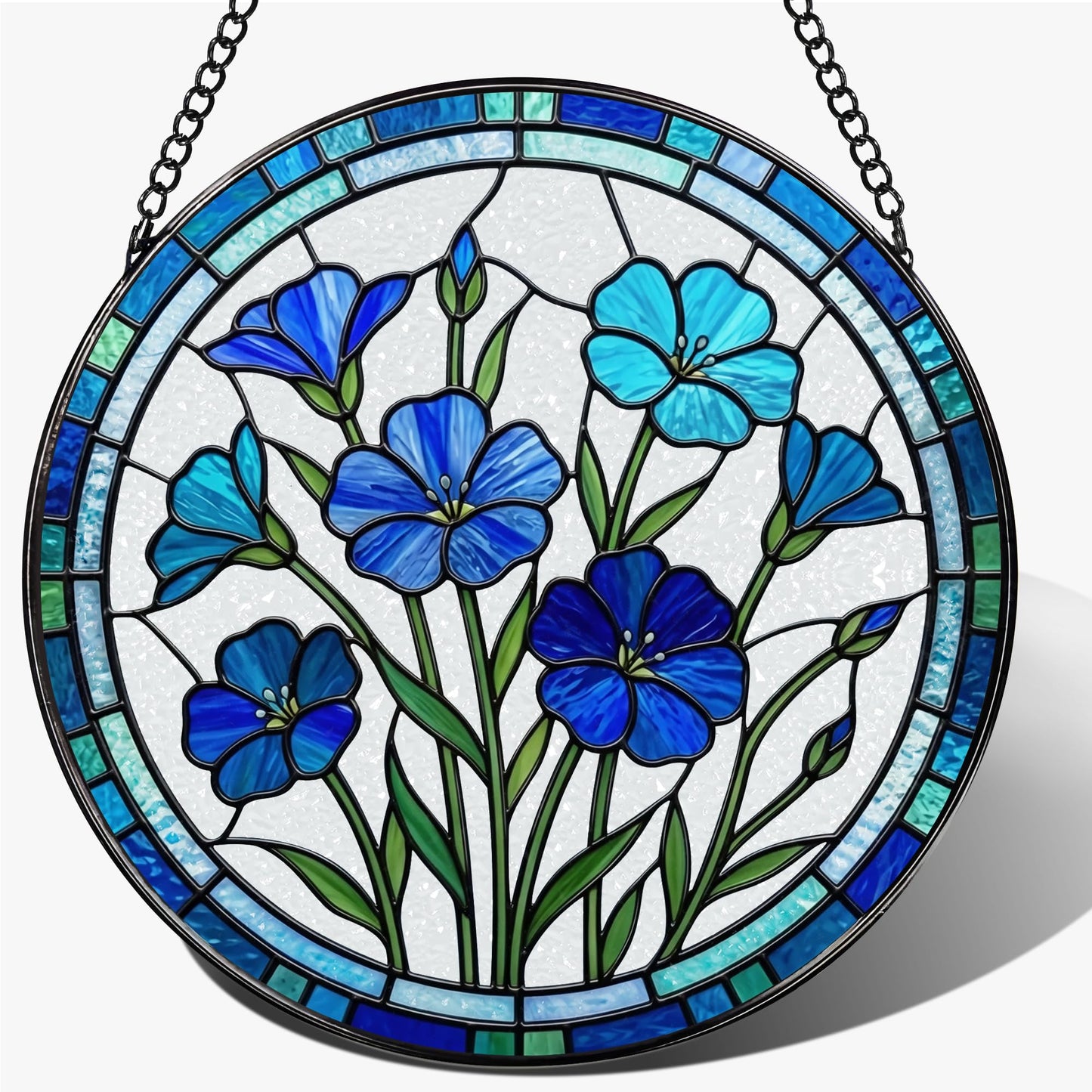 Stained Glass Window Hanging, 7.8 Inch Blue Flower Suncatcher, Blue Botanical Window Decor, Stained Glass Ornaments for Windows, Doors & Home Decor, Mother's Day Birthday Gift for Mom, Garden Lovers