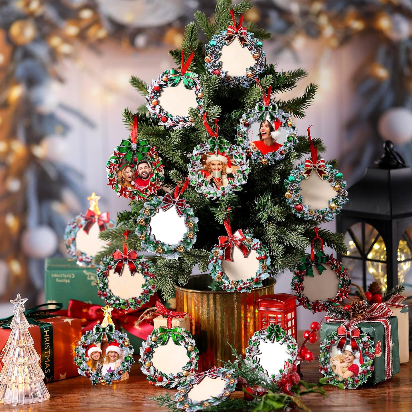Yalikop 16 Pcs Christmas Photo Frame Ornaments Wooden Nutcrackers Santa Snowman Snowflake Picture Frame Tree Decoration DIY Photo Keepsakes for Xmas Party Decorations Winter (Wreath)