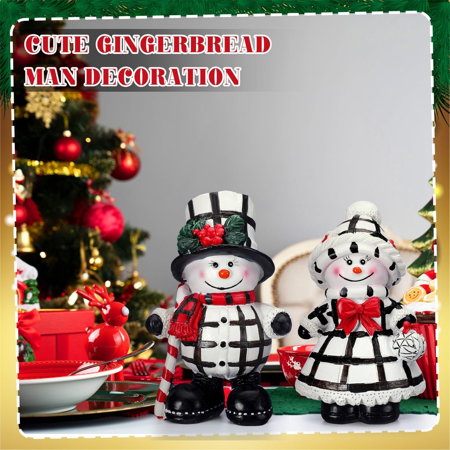 Moucuny 2 Pieces Winter Snowman Figurines Decorations Black and White Resin Snowman Winter Ornaments with Chef Hat Candy Bow Scarf Table Decor for Tabletop Office Shelf Gift Home Kitchen Mantle