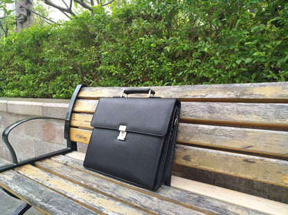 Mens Leather Briefcases Office Attorney Attache Case Ideal Gift Messenger Bag w/Padded Compartment for 15.6" Laptop, Black